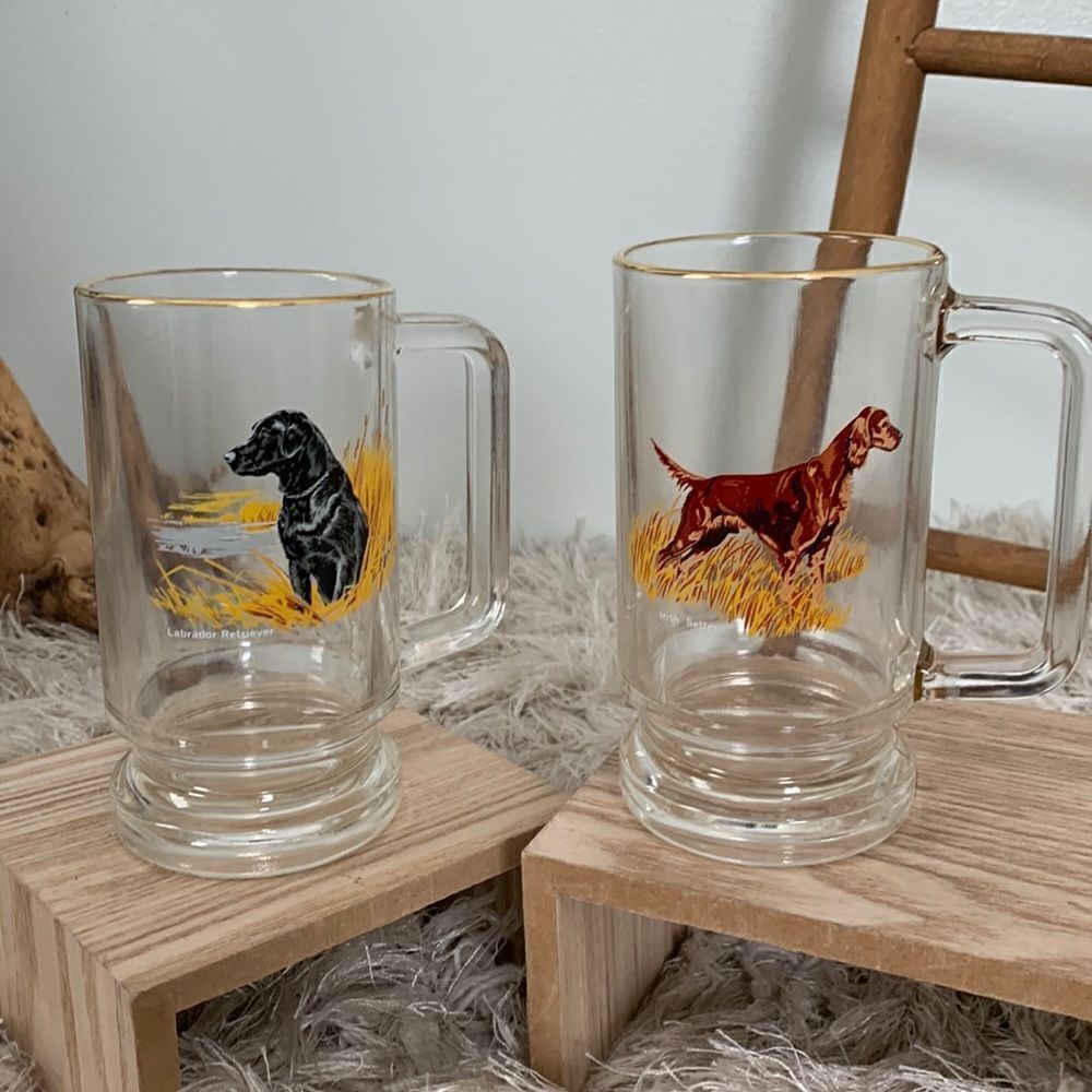 Irish Setter and Labrador Retriever Vintage Clear Glass‎ Beer Mug Vintage Retro